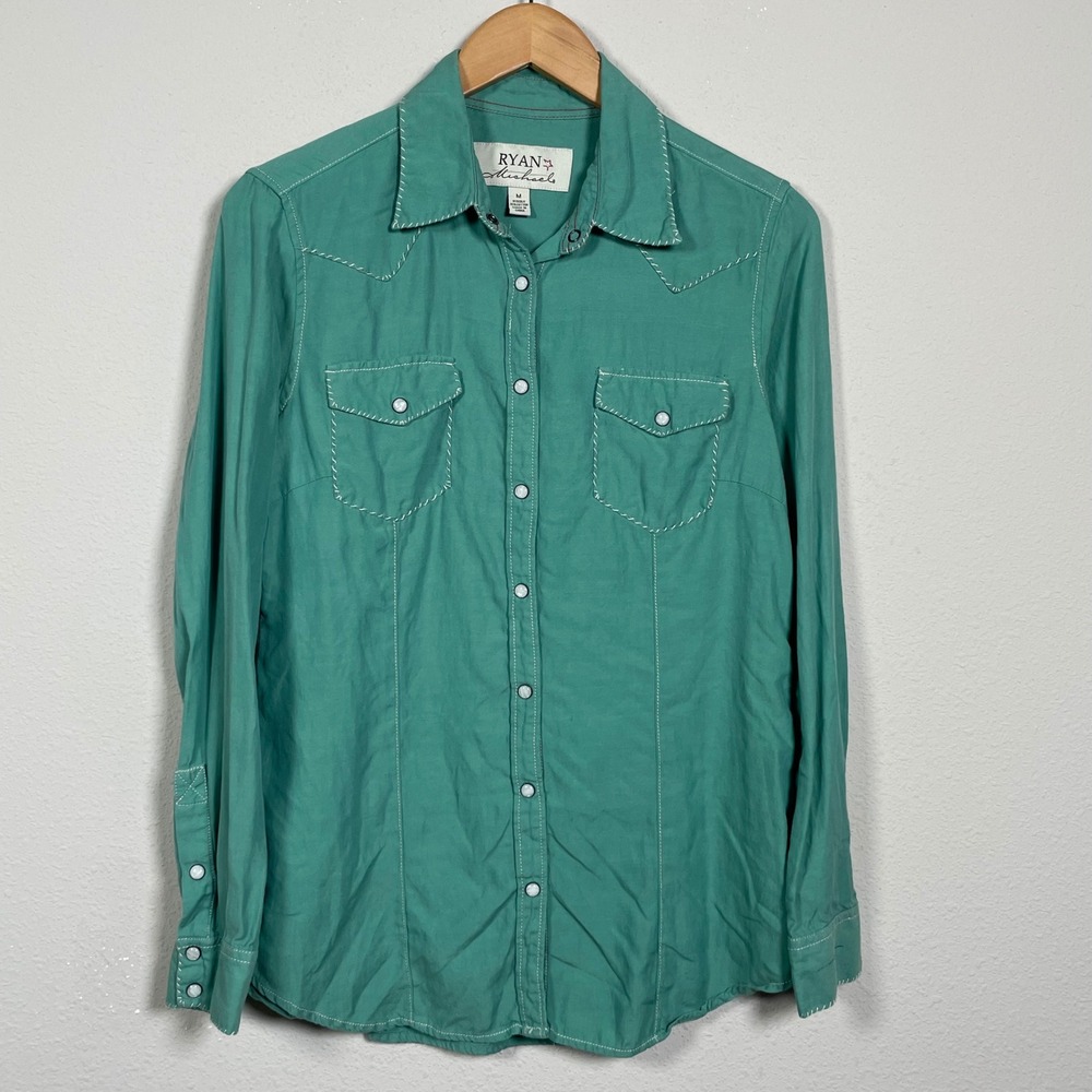 Ryan Michael Western Cowgirl Top Womens M Teal Silk Cotton Whipstitch Pearl Snap